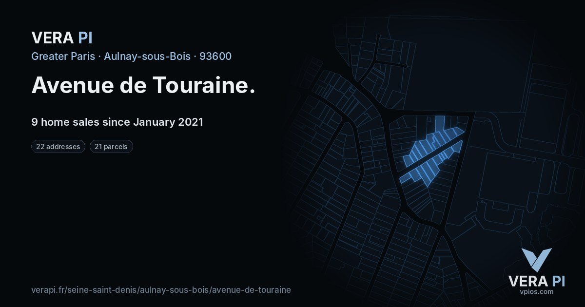 Avenue de Touraine, Aulnay-sous-Bois at night – every parcel coloured by the prices around it, the street's own parcels lit