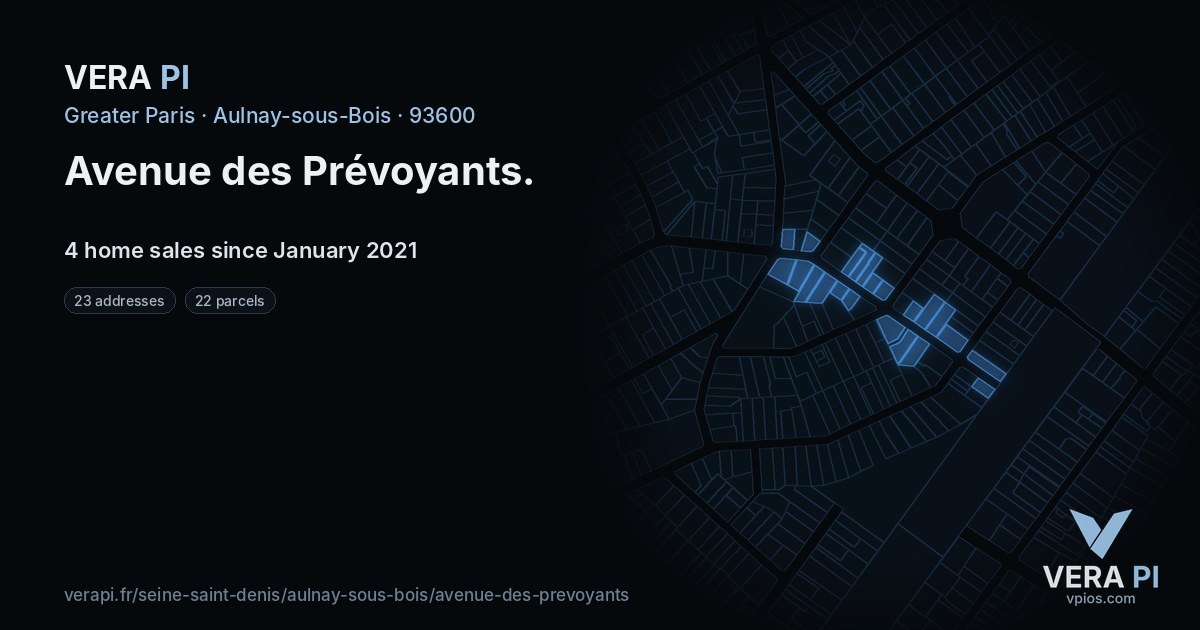 Avenue des Prévoyants, Aulnay-sous-Bois at night – every parcel coloured by the prices around it, the street's own parcels lit