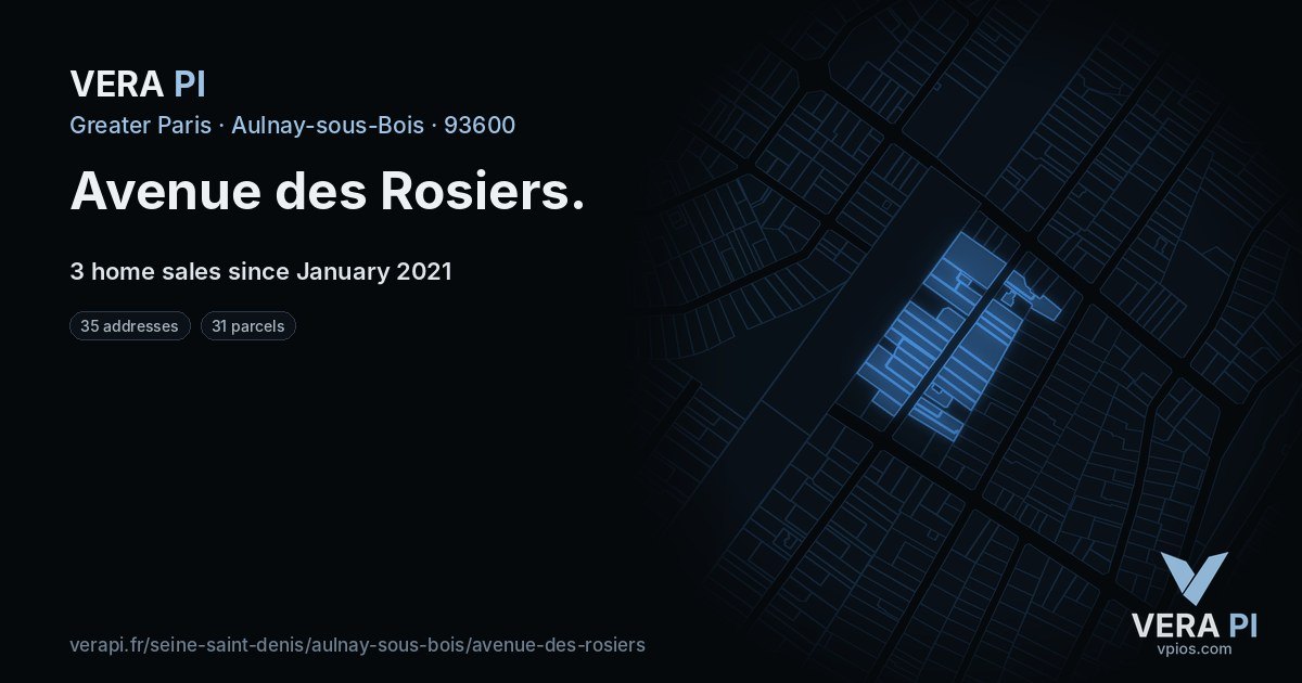 Avenue des Rosiers, Aulnay-sous-Bois at night – every parcel coloured by the prices around it, the street's own parcels lit