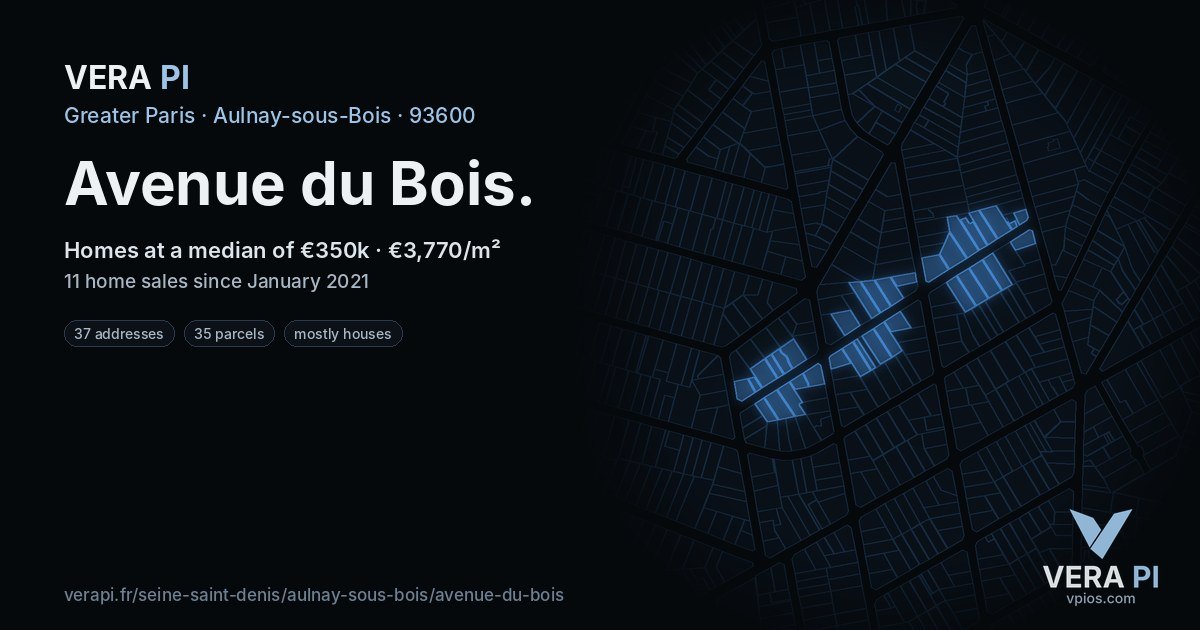 Avenue du Bois, Aulnay-sous-Bois at night – every parcel coloured by the prices around it, the street's own parcels lit