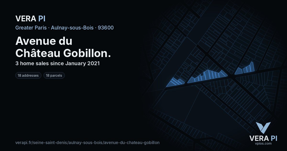 Avenue du Château Gobillon, Aulnay-sous-Bois at night – every parcel coloured by the prices around it, the street's own parcels lit