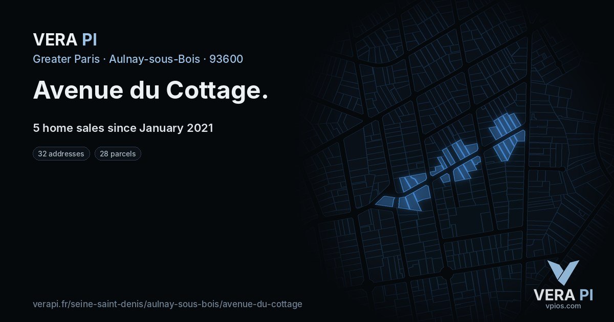Avenue du Cottage, Aulnay-sous-Bois at night – every parcel coloured by the prices around it, the street's own parcels lit