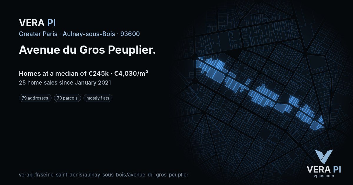 Avenue du Gros Peuplier, Aulnay-sous-Bois at night – every parcel coloured by the prices around it, the street's own parcels lit