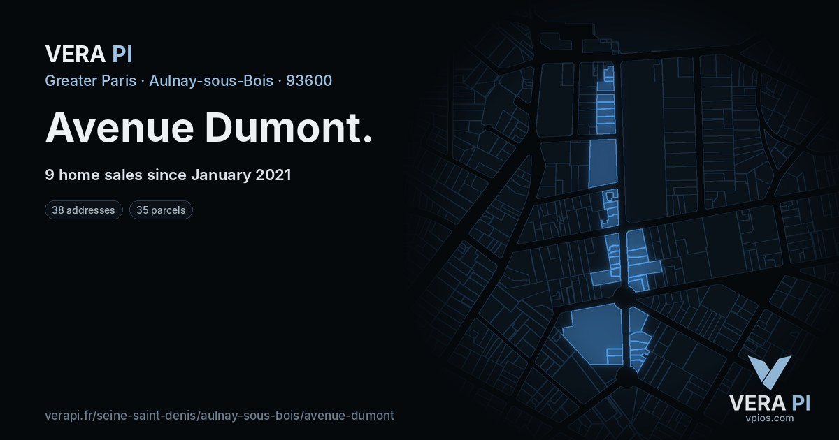 Avenue Dumont, Aulnay-sous-Bois at night – every parcel coloured by the prices around it, the street's own parcels lit