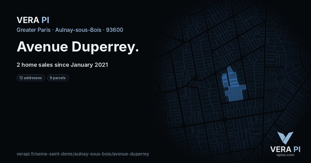 Avenue Duperrey, Aulnay-sous-Bois at night – every parcel coloured by the prices around it, the street's own parcels lit