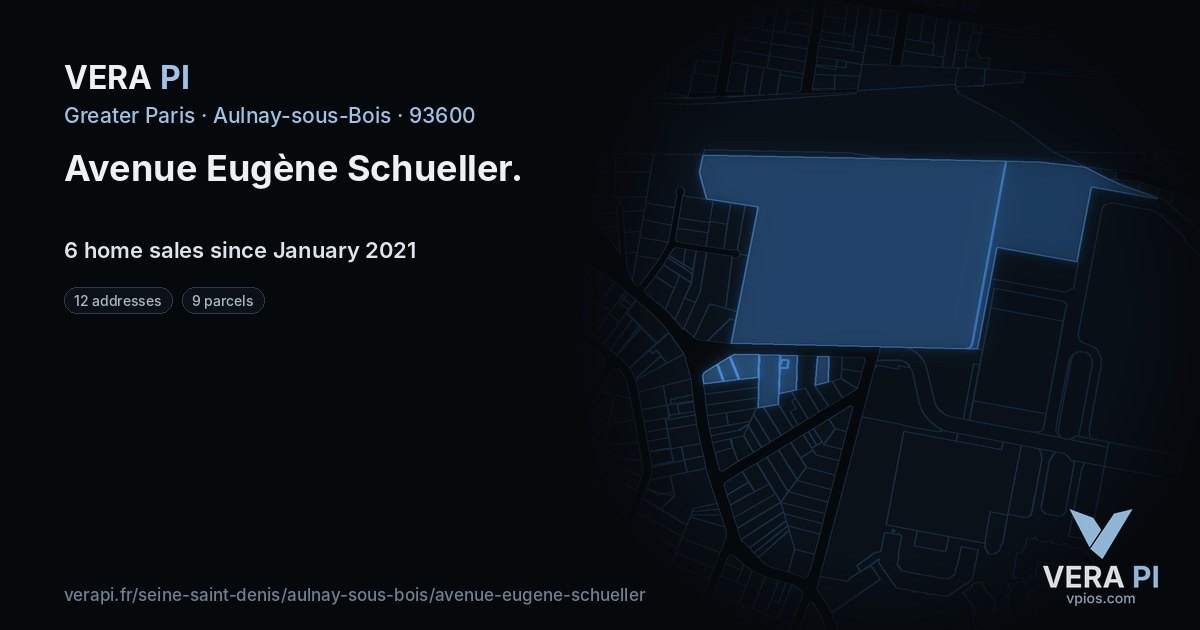 Avenue Eugène Schueller, Aulnay-sous-Bois at night – every parcel coloured by the prices around it, the street's own parcels lit