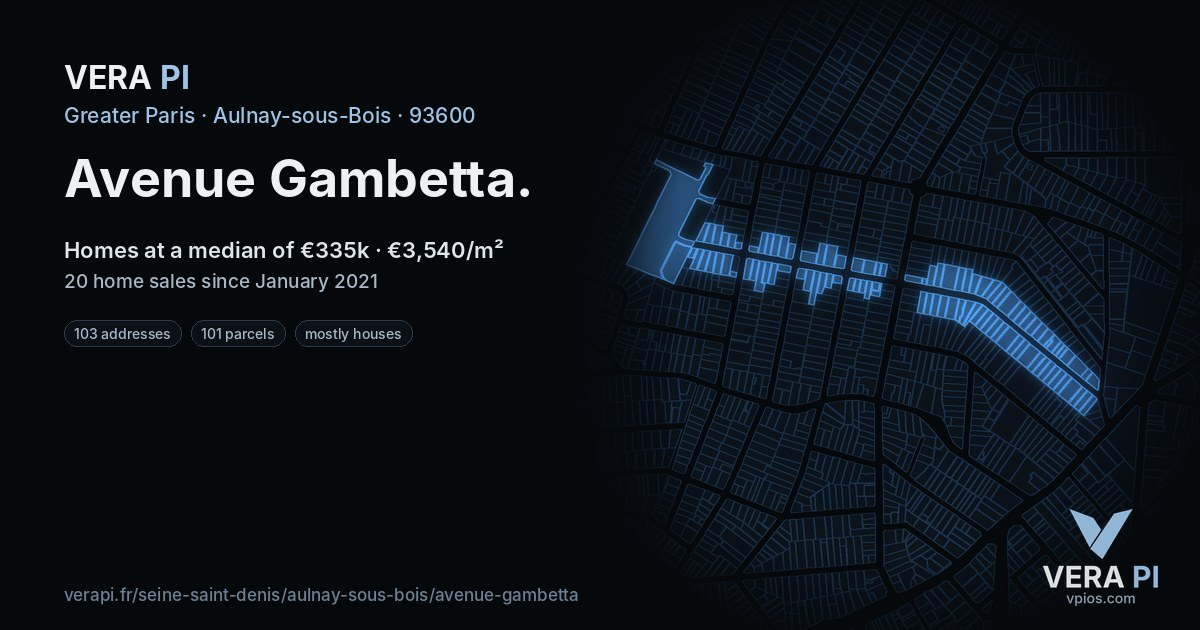 Avenue Gambetta, Aulnay-sous-Bois at night – every parcel coloured by the prices around it, the street's own parcels lit
