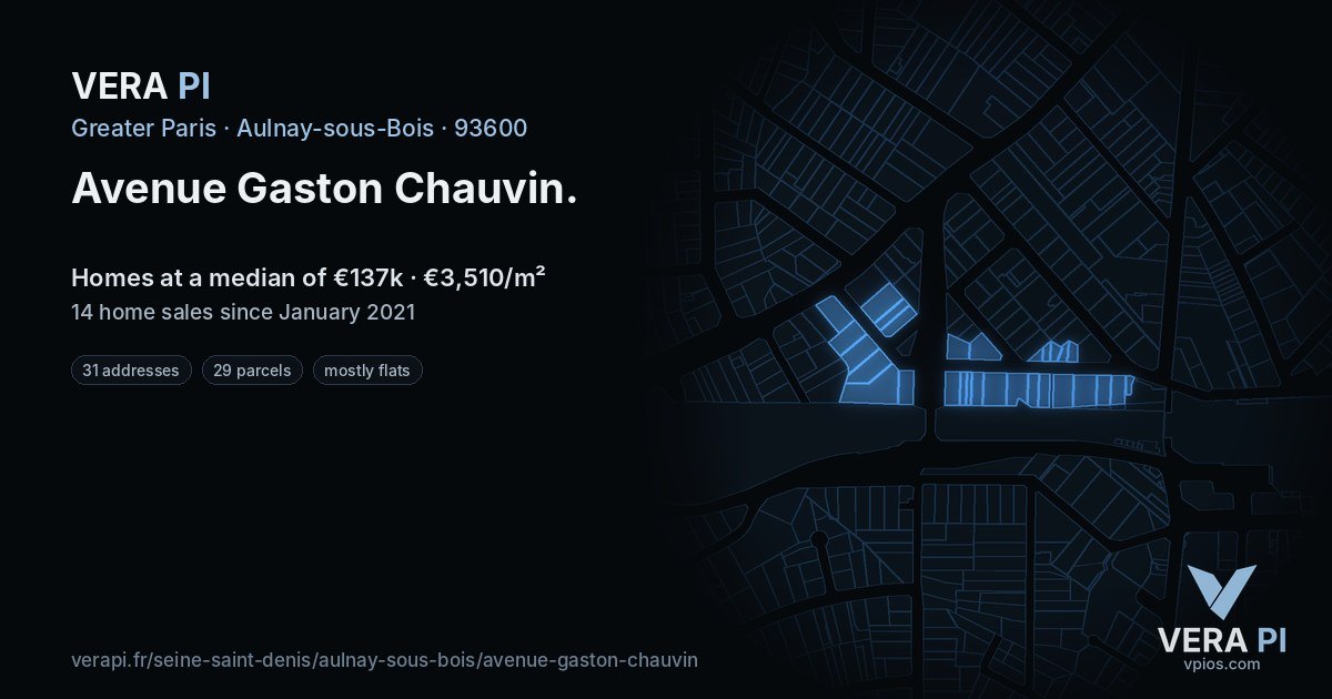 Avenue Gaston Chauvin, Aulnay-sous-Bois at night – every parcel coloured by the prices around it, the street's own parcels lit