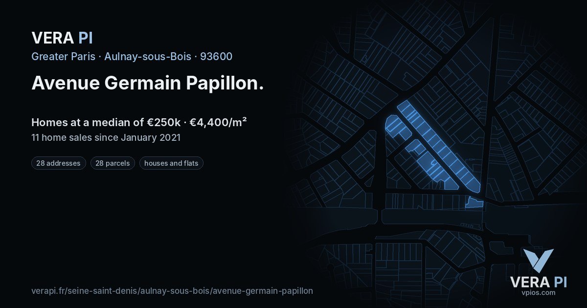 Avenue Germain Papillon, Aulnay-sous-Bois at night – every parcel coloured by the prices around it, the street's own parcels lit