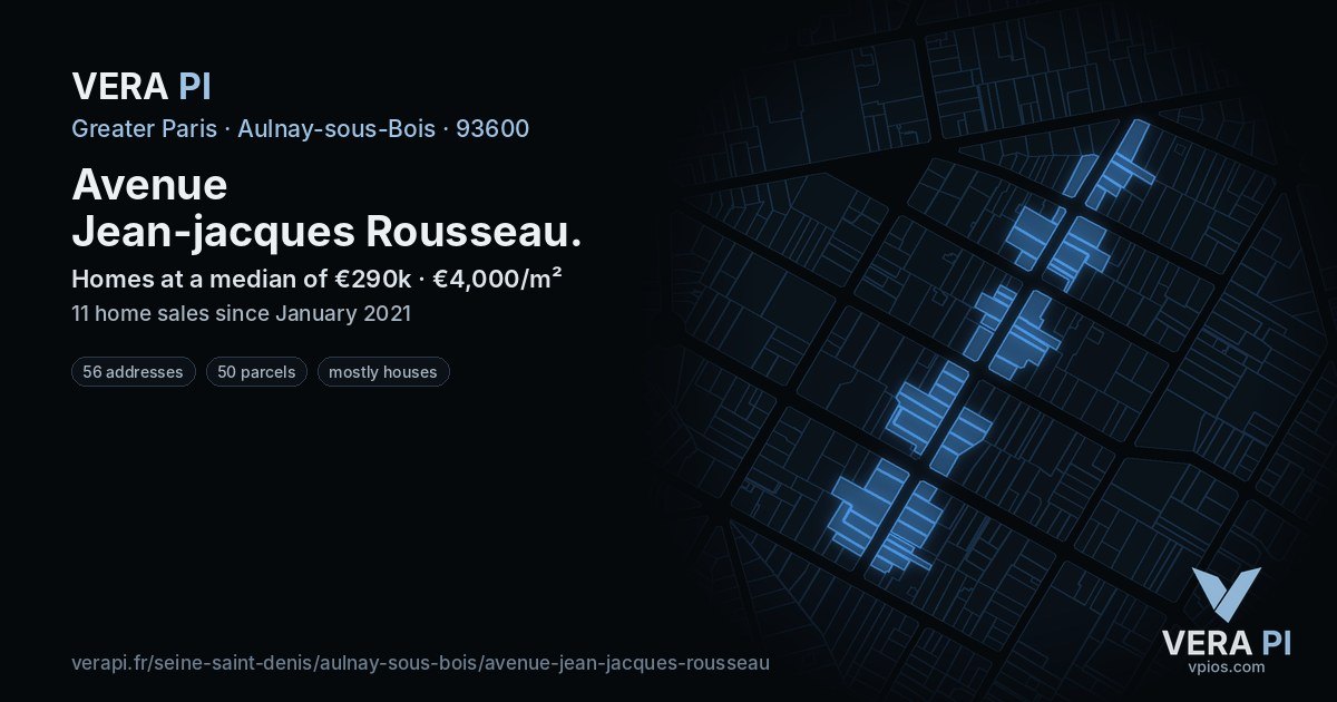 Avenue Jean-jacques Rousseau, Aulnay-sous-Bois at night – every parcel coloured by the prices around it, the street's own parcels lit