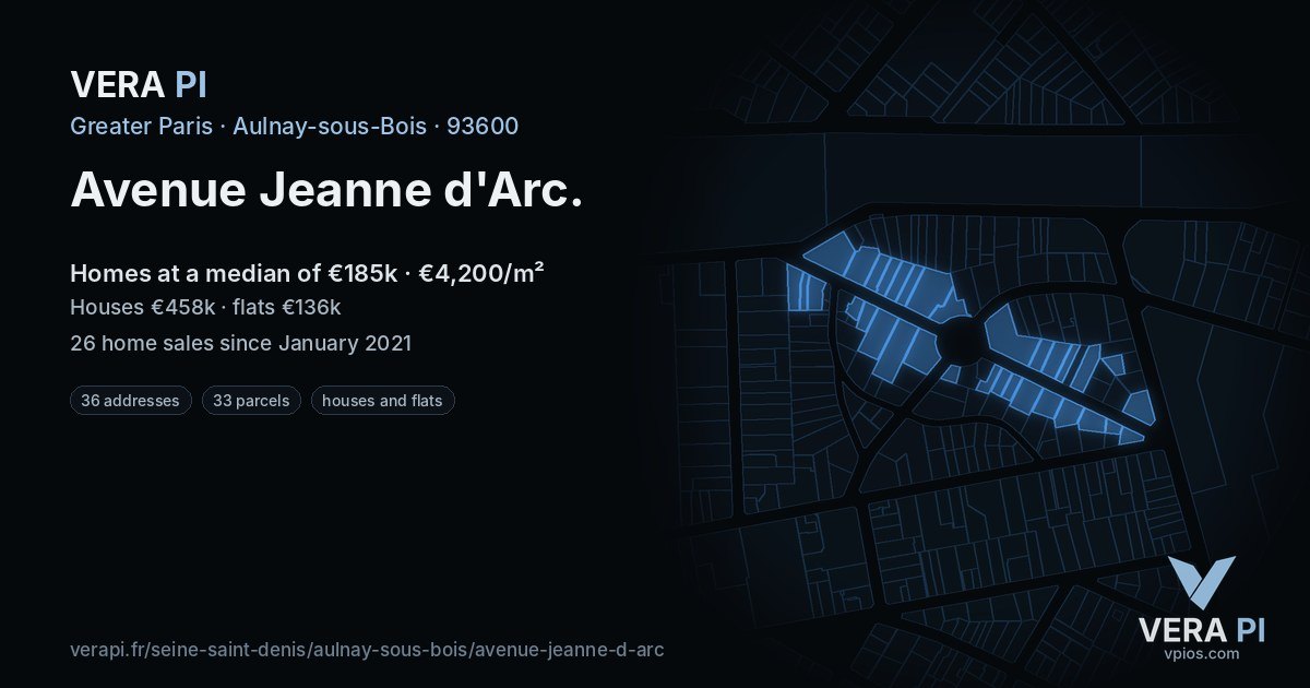Avenue Jeanne d'Arc, Aulnay-sous-Bois at night – every parcel coloured by the prices around it, the street's own parcels lit