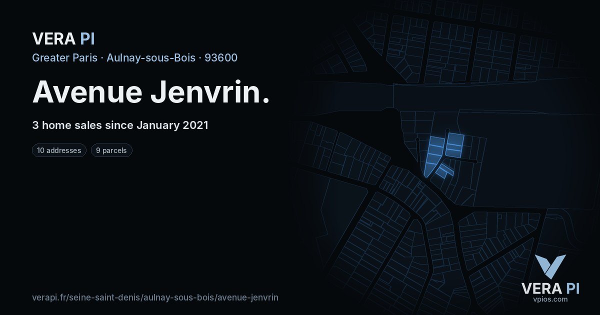 Avenue Jenvrin, Aulnay-sous-Bois at night – every parcel coloured by the prices around it, the street's own parcels lit