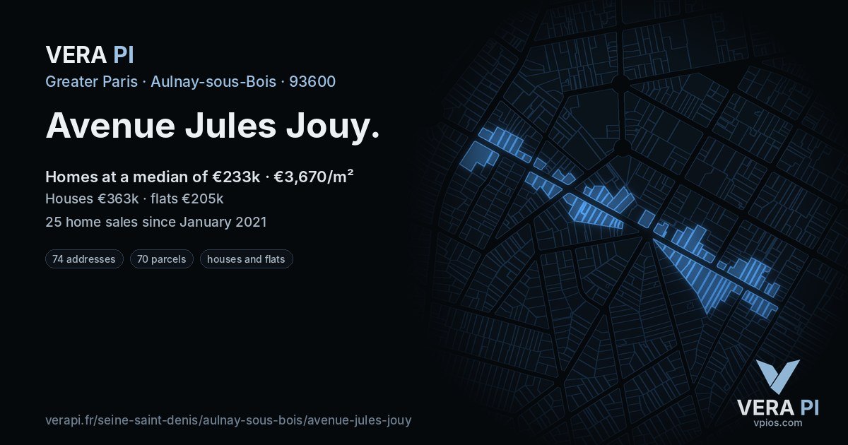 Avenue Jules Jouy, Aulnay-sous-Bois at night – every parcel coloured by the prices around it, the street's own parcels lit