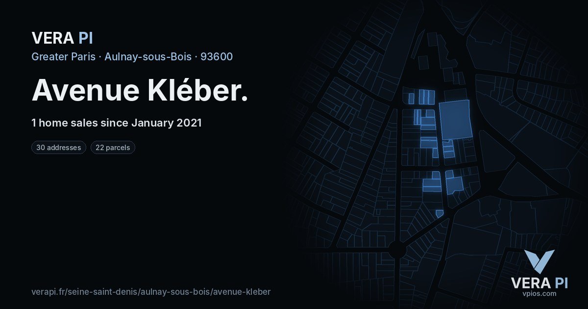 Avenue Kléber, Aulnay-sous-Bois at night – every parcel coloured by the prices around it, the street's own parcels lit