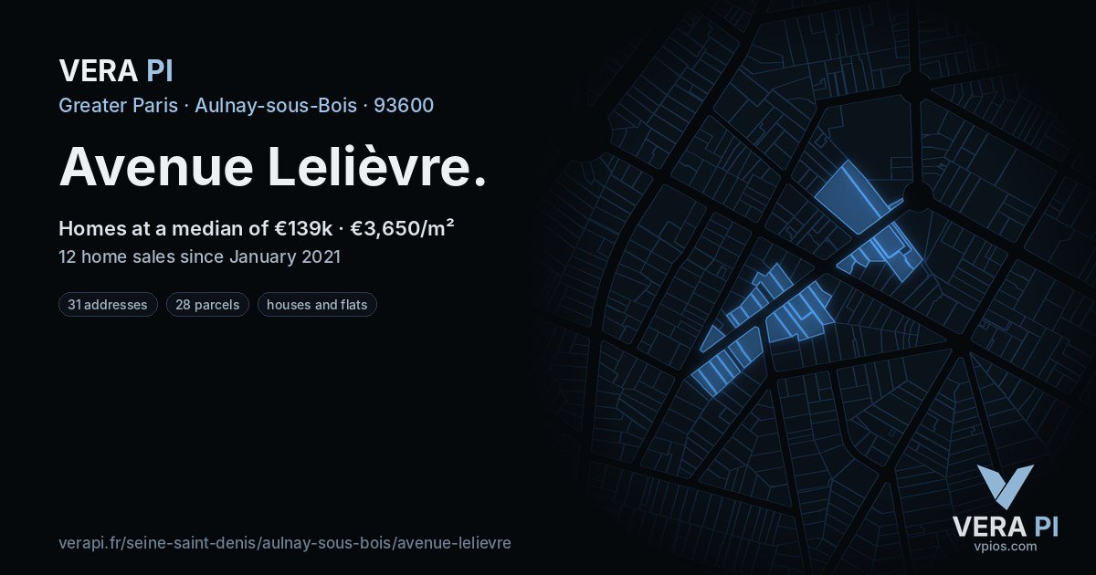 Avenue Lelièvre, Aulnay-sous-Bois at night – every parcel coloured by the prices around it, the street's own parcels lit