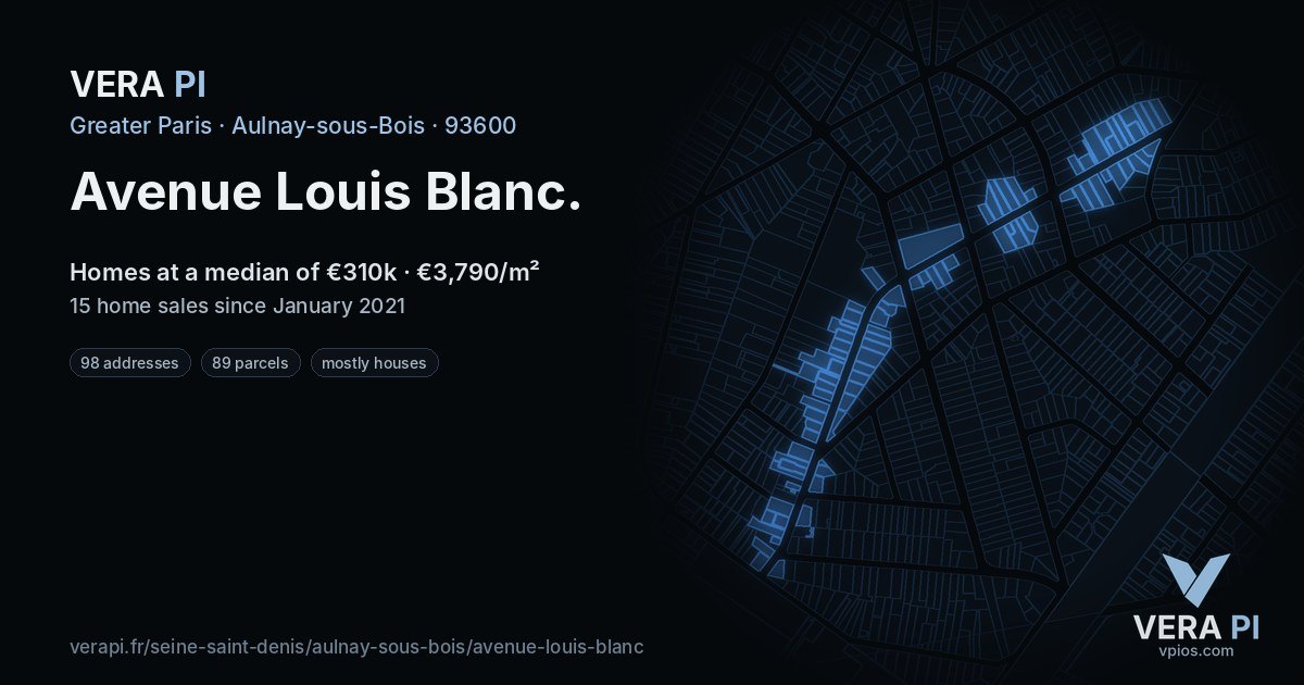 Avenue Louis Blanc, Aulnay-sous-Bois at night – every parcel coloured by the prices around it, the street's own parcels lit