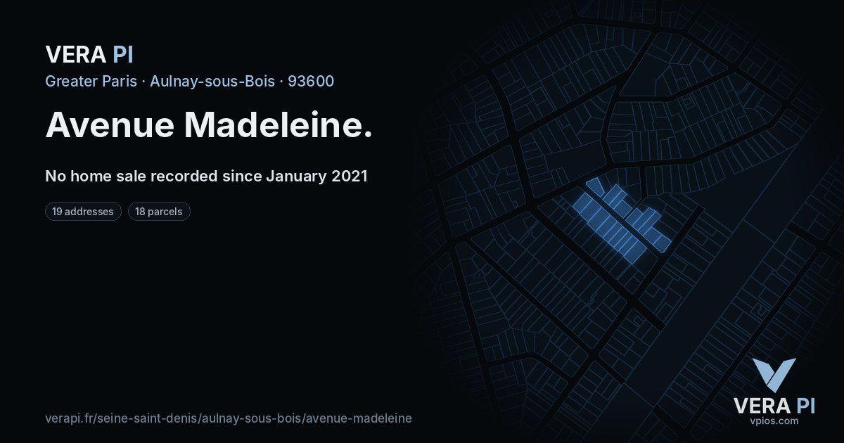 Avenue Madeleine, Aulnay-sous-Bois at night – every parcel coloured by the prices around it, the street's own parcels lit