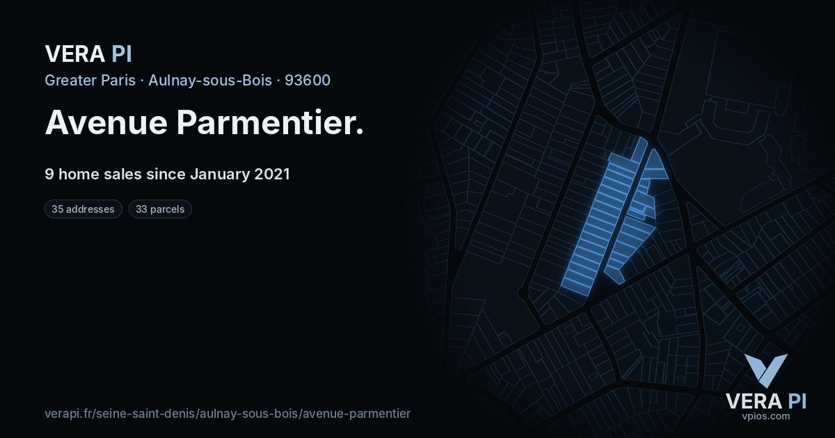 Avenue Parmentier, Aulnay-sous-Bois at night – every parcel coloured by the prices around it, the street's own parcels lit