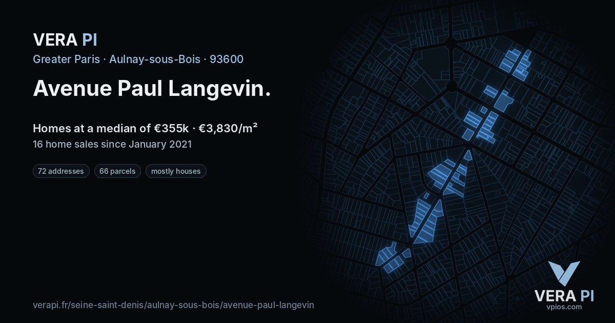 Avenue Paul Langevin, Aulnay-sous-Bois at night – every parcel coloured by the prices around it, the street's own parcels lit