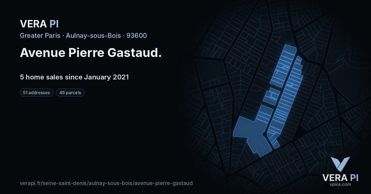 Avenue Pierre Gastaud, Aulnay-sous-Bois at night – every parcel coloured by the prices around it, the street's own parcels lit