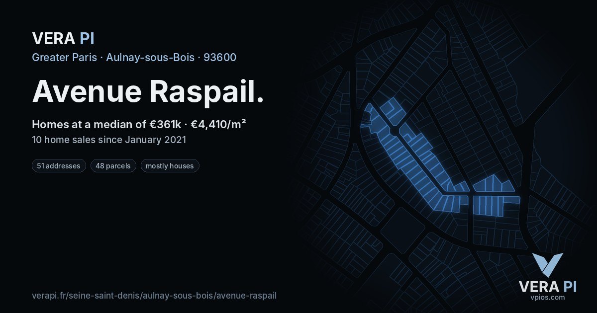 Avenue Raspail, Aulnay-sous-Bois at night – every parcel coloured by the prices around it, the street's own parcels lit