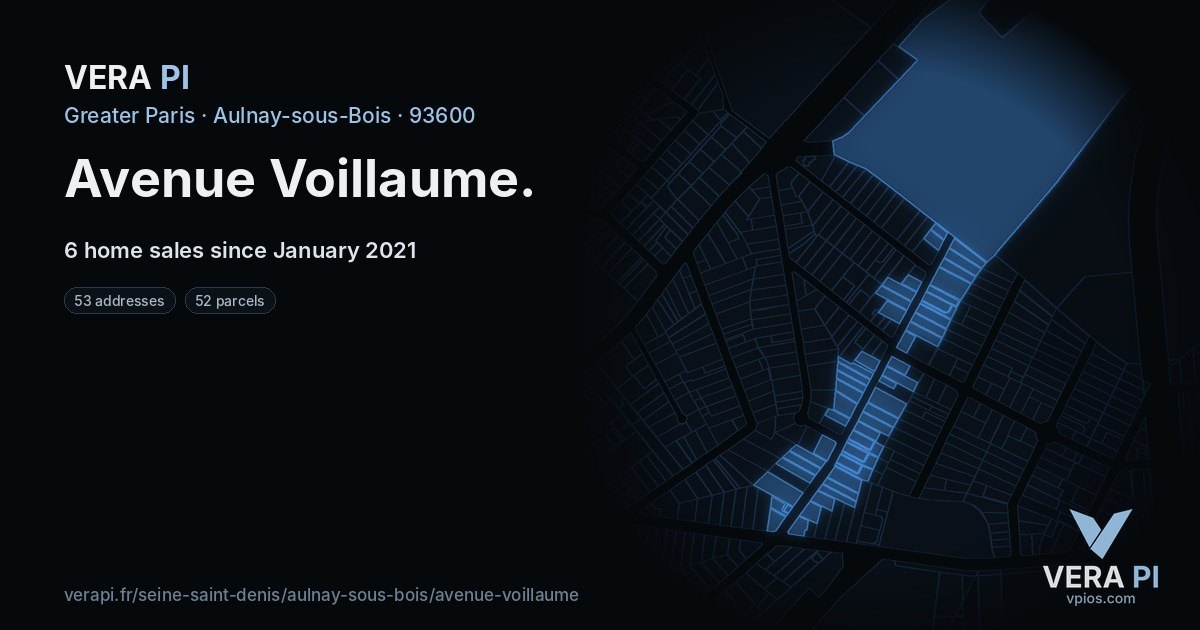 Avenue Voillaume, Aulnay-sous-Bois at night – every parcel coloured by the prices around it, the street's own parcels lit
