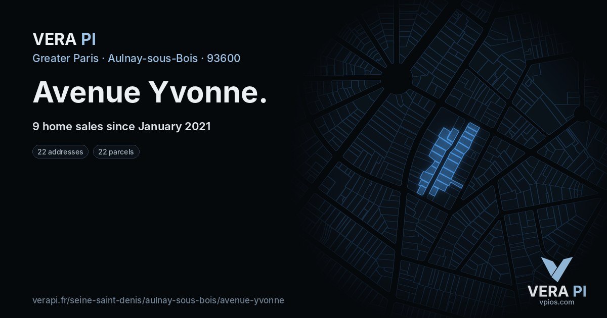 Avenue Yvonne, Aulnay-sous-Bois at night – every parcel coloured by the prices around it, the street's own parcels lit