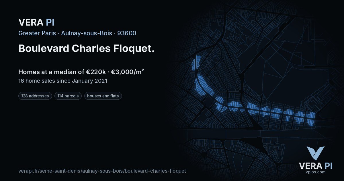 Boulevard Charles Floquet, Aulnay-sous-Bois at night – every parcel coloured by the prices around it, the street's own parcels lit