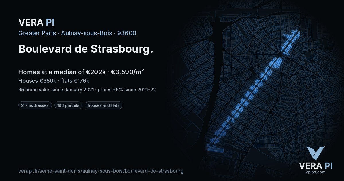 Boulevard de Strasbourg, Aulnay-sous-Bois at night – every parcel coloured by the prices around it, the street's own parcels lit
