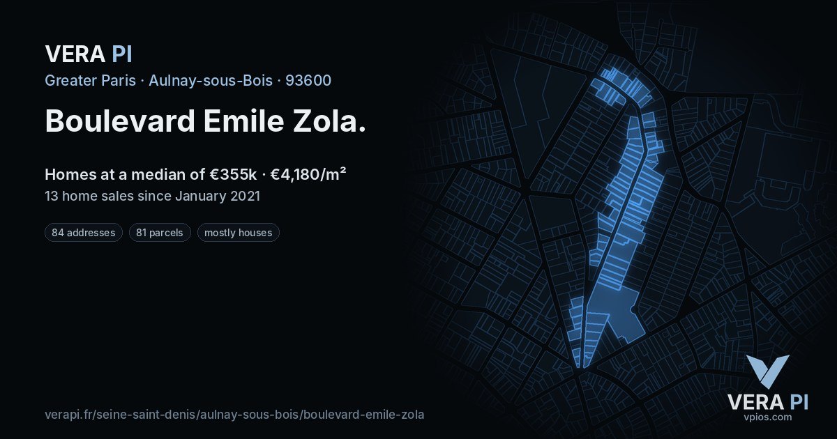 Boulevard Emile Zola, Aulnay-sous-Bois at night – every parcel coloured by the prices around it, the street's own parcels lit
