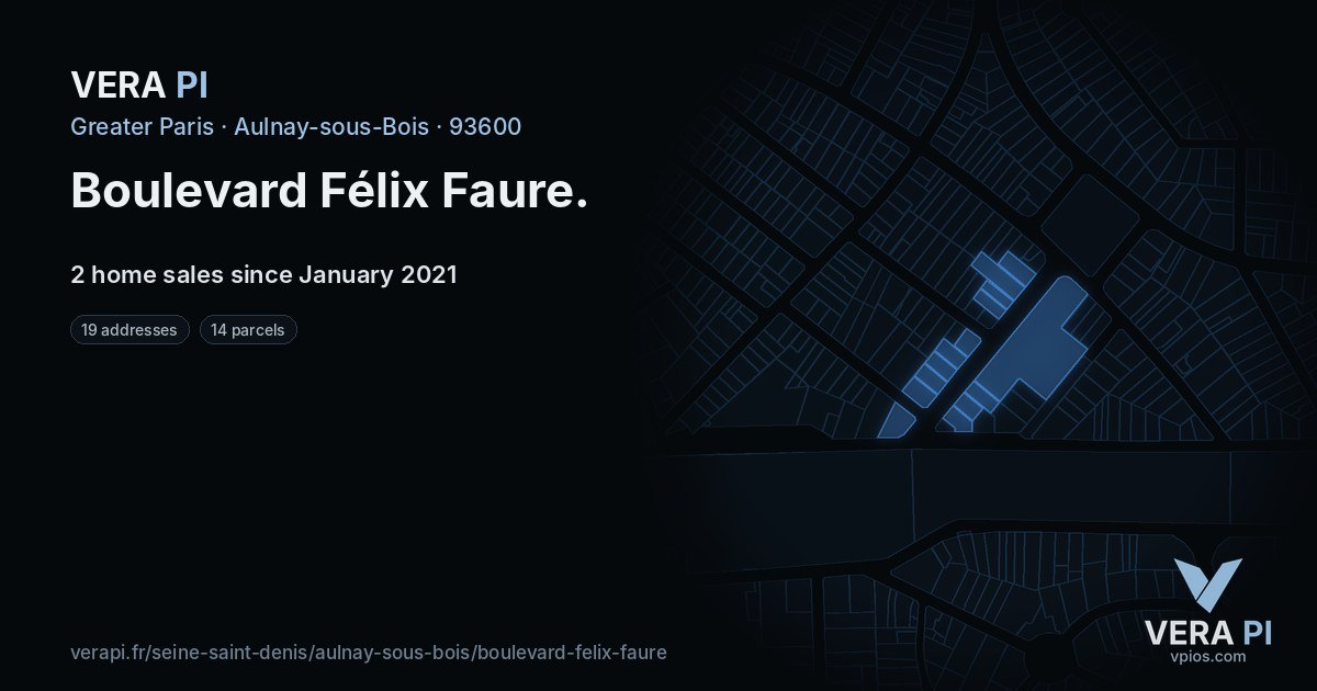 Boulevard Félix Faure, Aulnay-sous-Bois at night – every parcel coloured by the prices around it, the street's own parcels lit