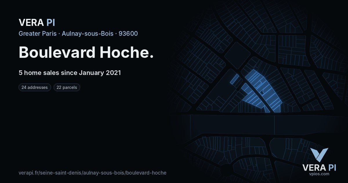 Boulevard Hoche, Aulnay-sous-Bois at night – every parcel coloured by the prices around it, the street's own parcels lit