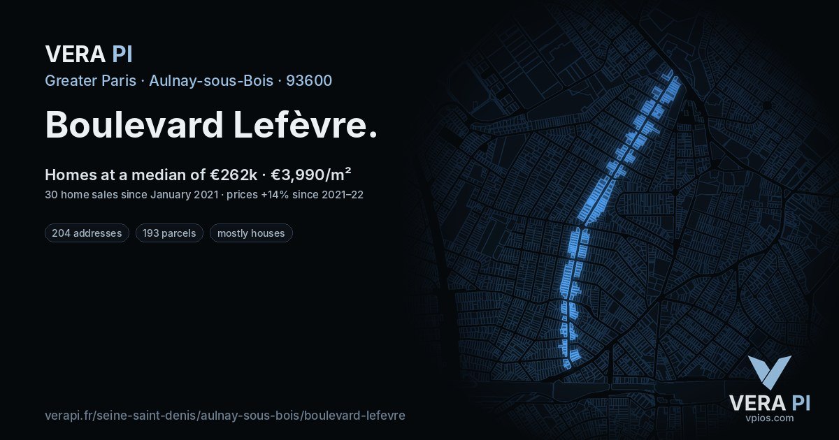 Boulevard Lefèvre, Aulnay-sous-Bois at night – every parcel coloured by the prices around it, the street's own parcels lit
