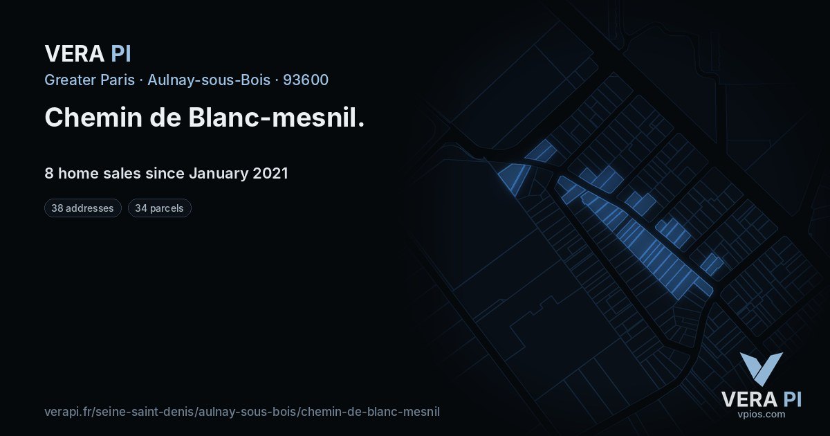 Chemin de Blanc-mesnil, Aulnay-sous-Bois at night – every parcel coloured by the prices around it, the street's own parcels lit