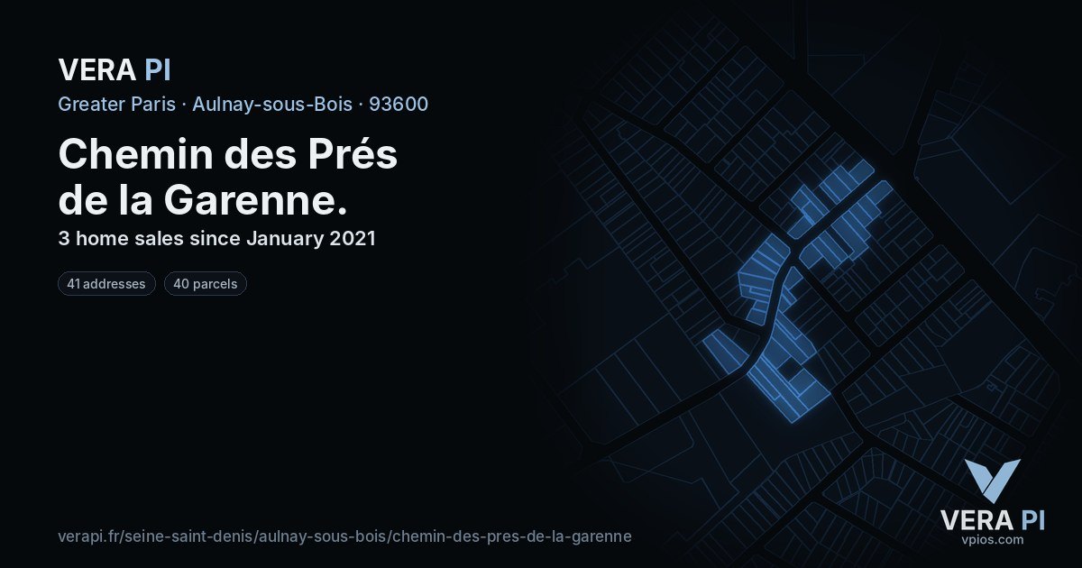 Chemin des Prés de la Garenne, Aulnay-sous-Bois at night – every parcel coloured by the prices around it, the street's own parcels lit