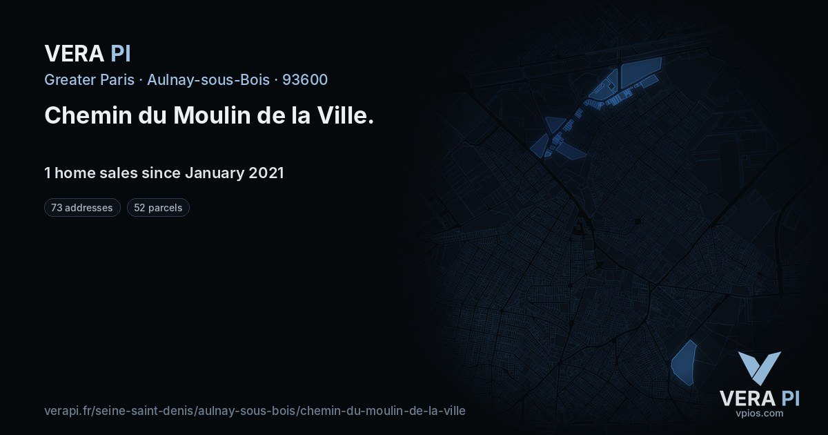 Chemin du Moulin de la Ville, Aulnay-sous-Bois at night – every parcel coloured by the prices around it, the street's own parcels lit