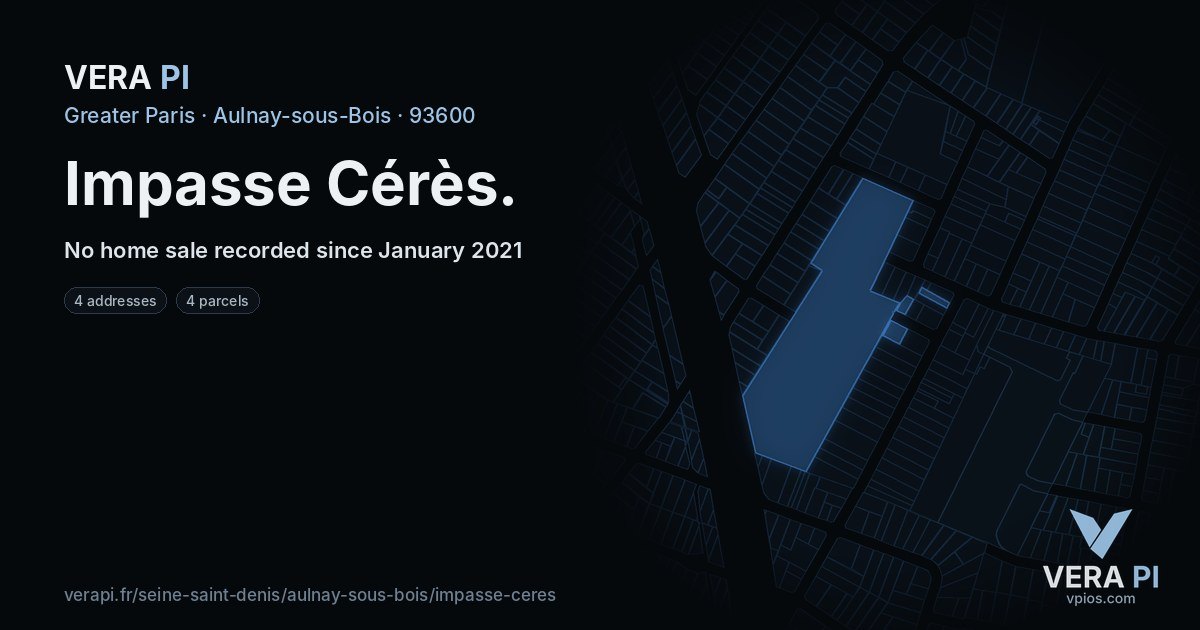 Impasse Cérès, Aulnay-sous-Bois at night – every parcel coloured by the prices around it, the street's own parcels lit