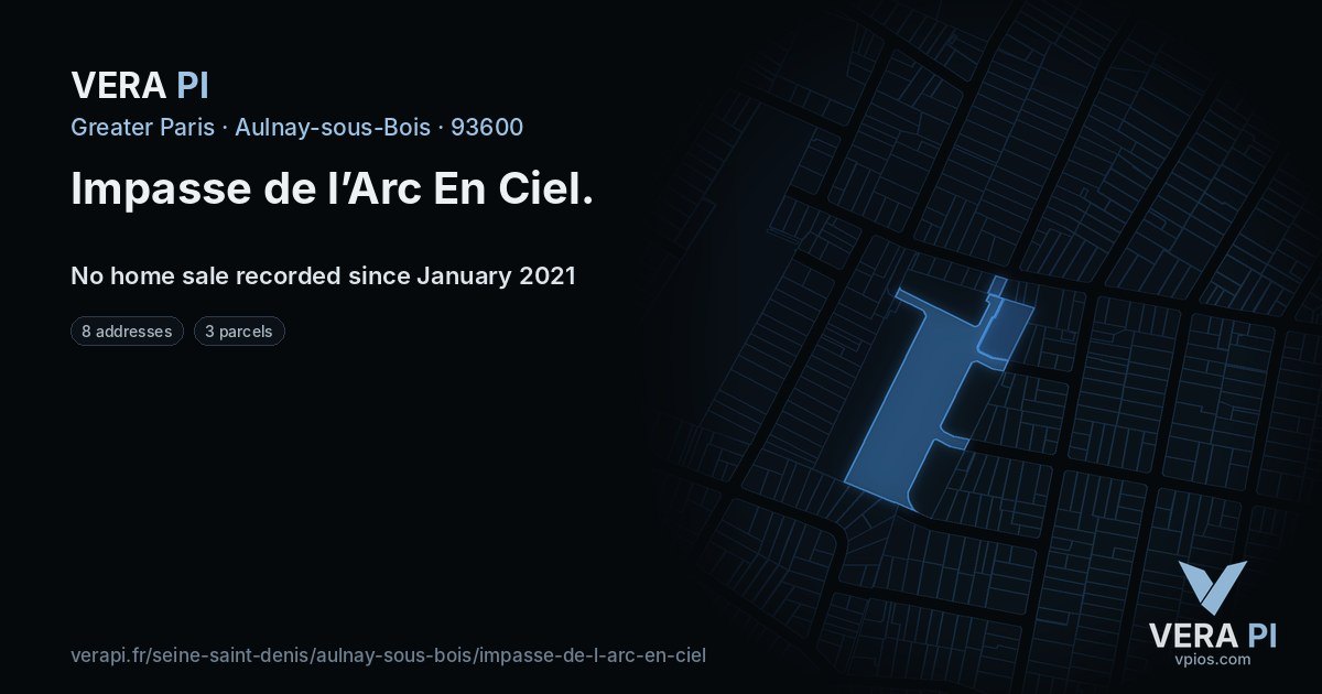 Impasse de l’Arc En Ciel, Aulnay-sous-Bois at night – every parcel coloured by the prices around it, the street's own parcels lit
