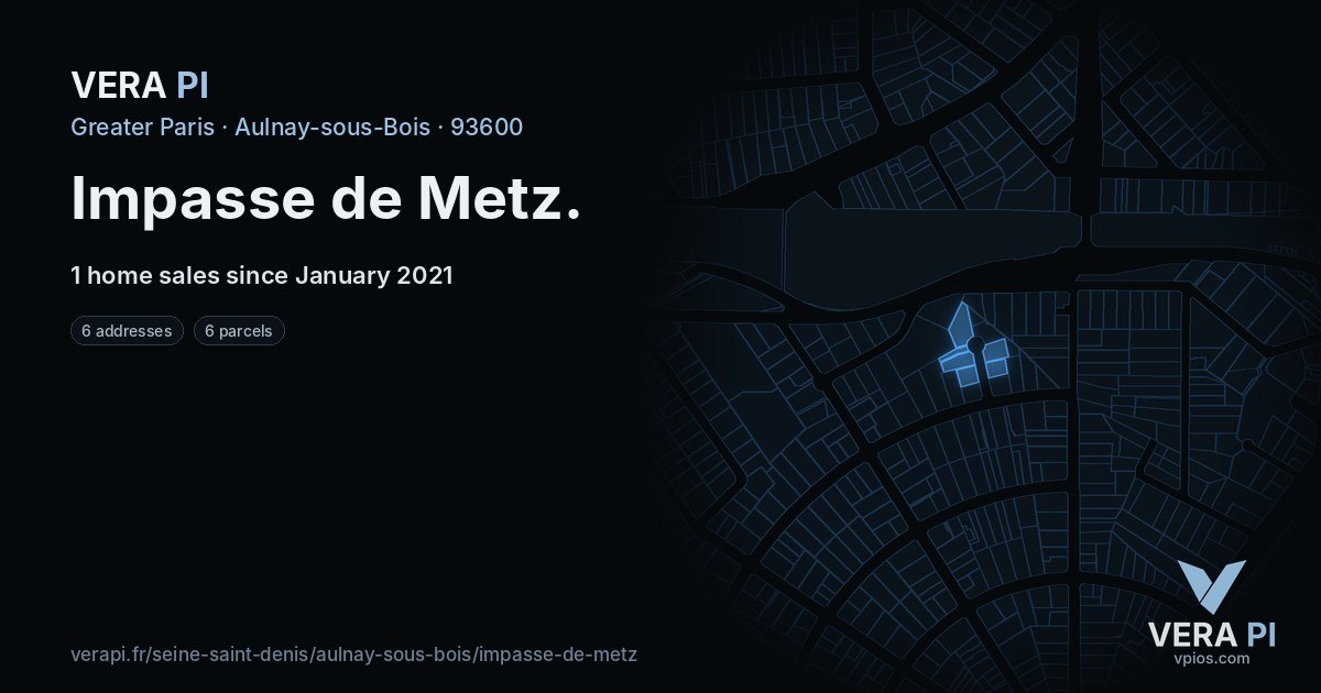 Impasse de Metz, Aulnay-sous-Bois at night – every parcel coloured by the prices around it, the street's own parcels lit