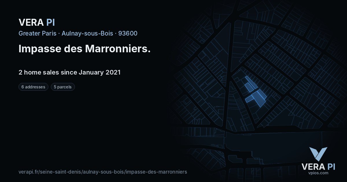 Impasse des Marronniers, Aulnay-sous-Bois at night – every parcel coloured by the prices around it, the street's own parcels lit