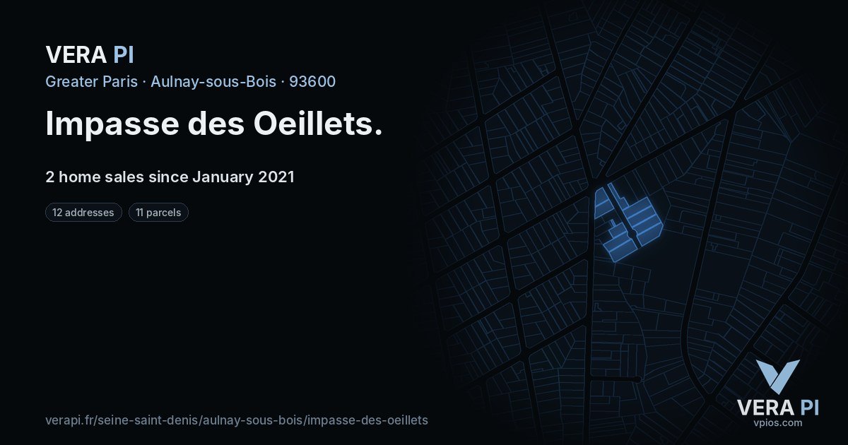 Impasse des Oeillets, Aulnay-sous-Bois at night – every parcel coloured by the prices around it, the street's own parcels lit
