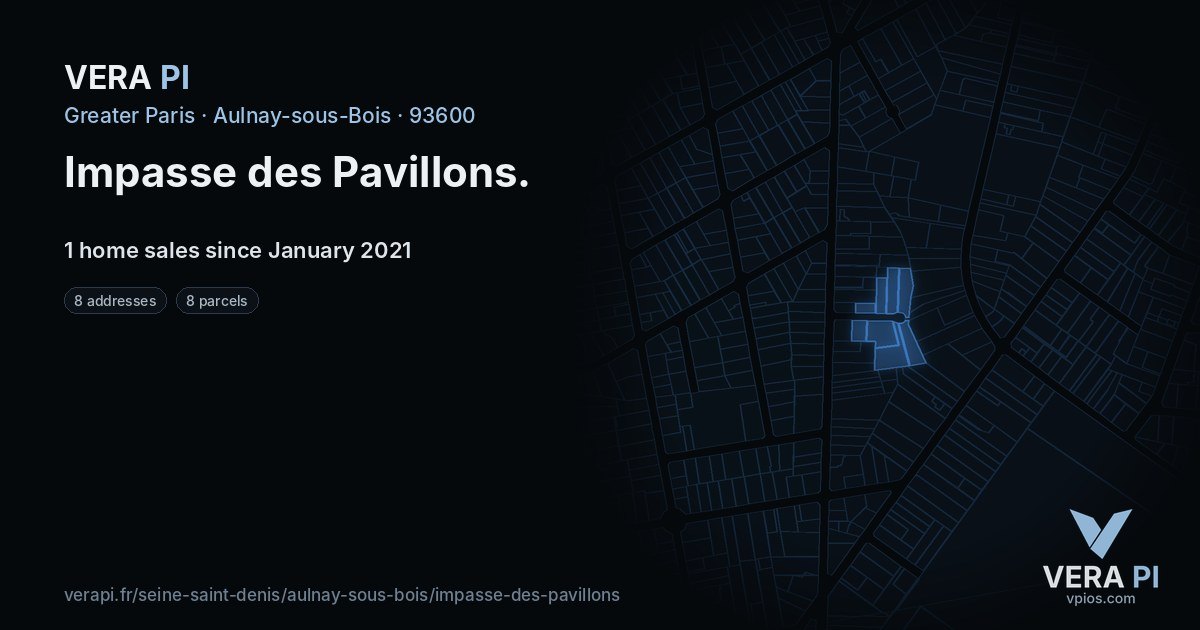 Impasse des Pavillons, Aulnay-sous-Bois at night – every parcel coloured by the prices around it, the street's own parcels lit