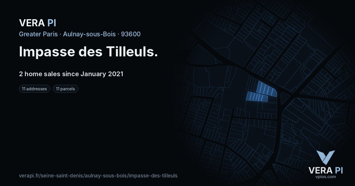 Impasse des Tilleuls, Aulnay-sous-Bois at night – every parcel coloured by the prices around it, the street's own parcels lit