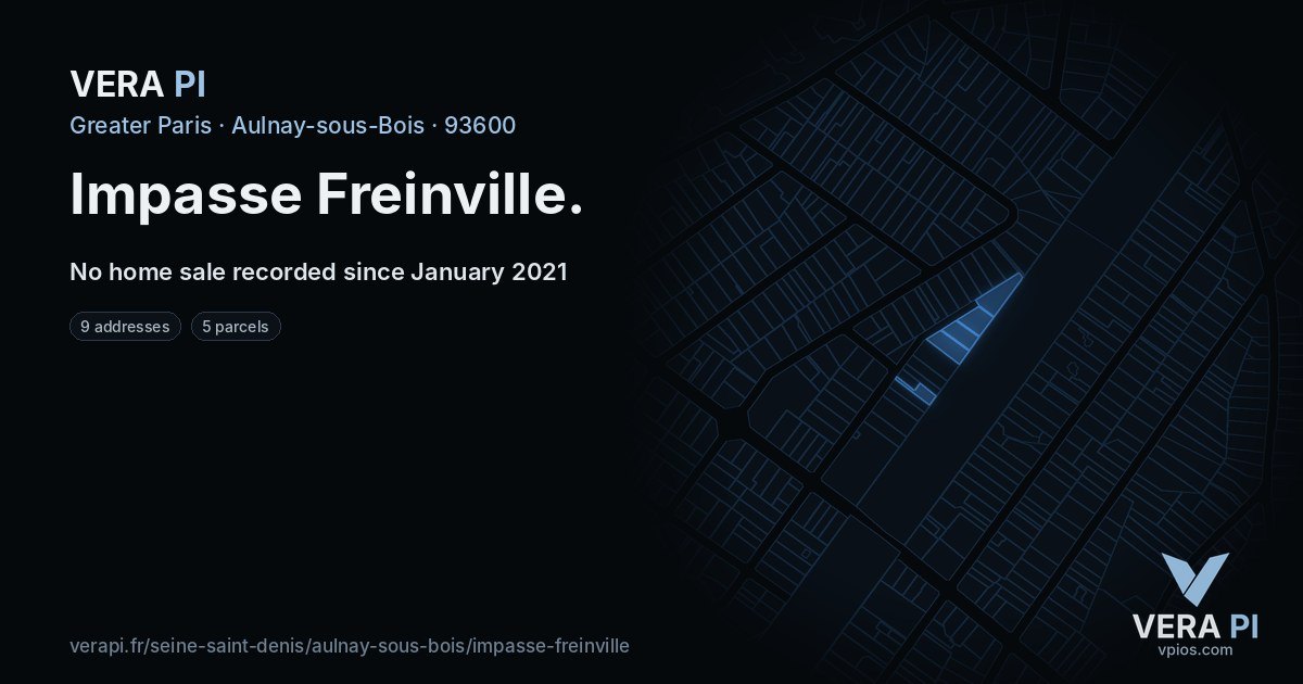 Impasse Freinville, Aulnay-sous-Bois at night – every parcel coloured by the prices around it, the street's own parcels lit