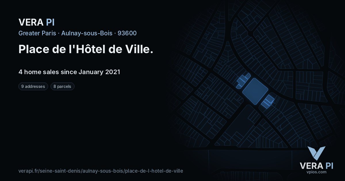 Place de l'Hôtel de Ville, Aulnay-sous-Bois at night – every parcel coloured by the prices around it, the street's own parcels lit