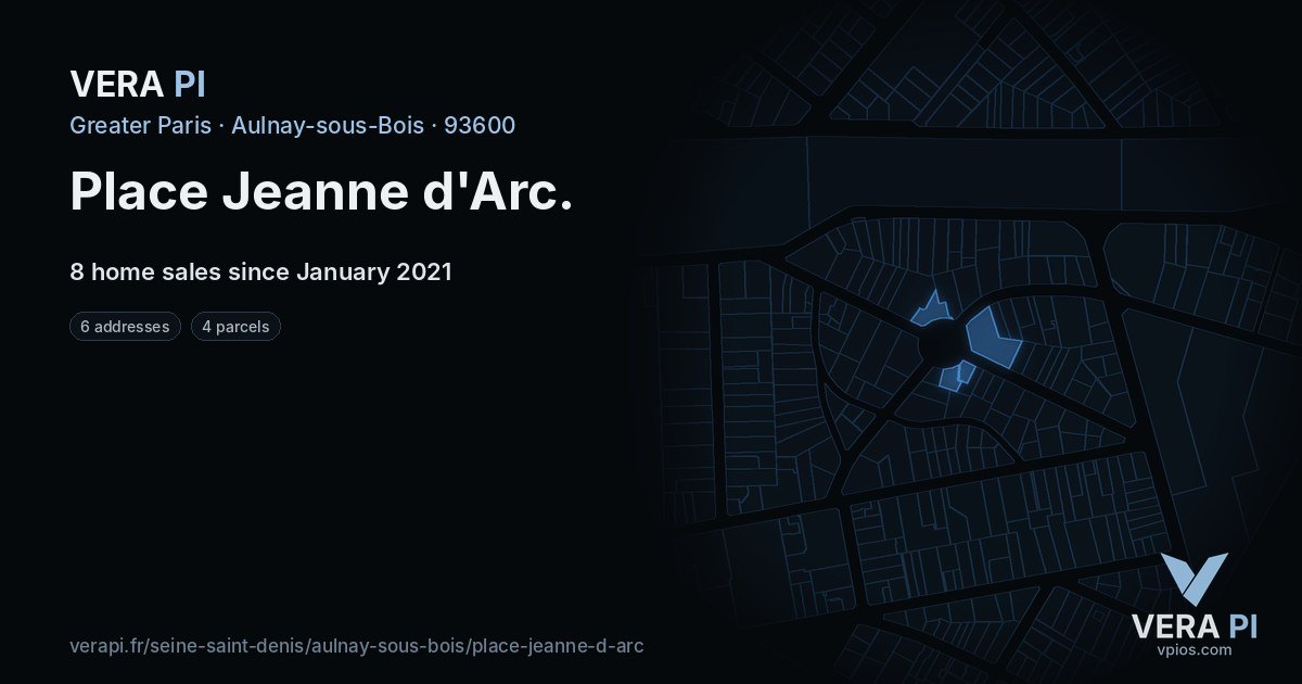 Place Jeanne d'Arc, Aulnay-sous-Bois at night – every parcel coloured by the prices around it, the street's own parcels lit
