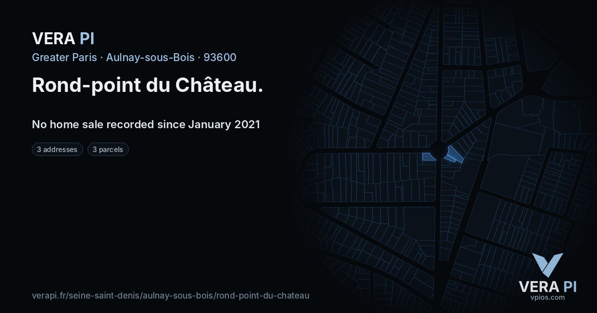 Rond-point du Château, Aulnay-sous-Bois at night – every parcel coloured by the prices around it, the street's own parcels lit