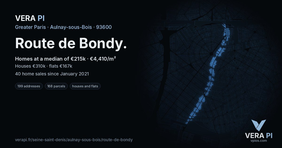 Route de Bondy, Aulnay-sous-Bois at night – every parcel coloured by the prices around it, the street's own parcels lit