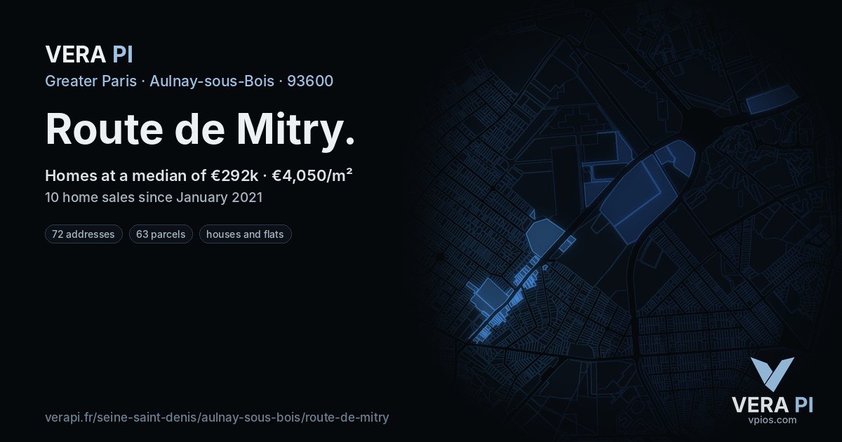 Route de Mitry, Aulnay-sous-Bois at night – every parcel coloured by the prices around it, the street's own parcels lit