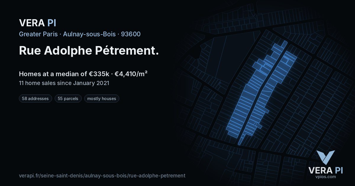 Rue Adolphe Pétrement, Aulnay-sous-Bois at night – every parcel coloured by the prices around it, the street's own parcels lit